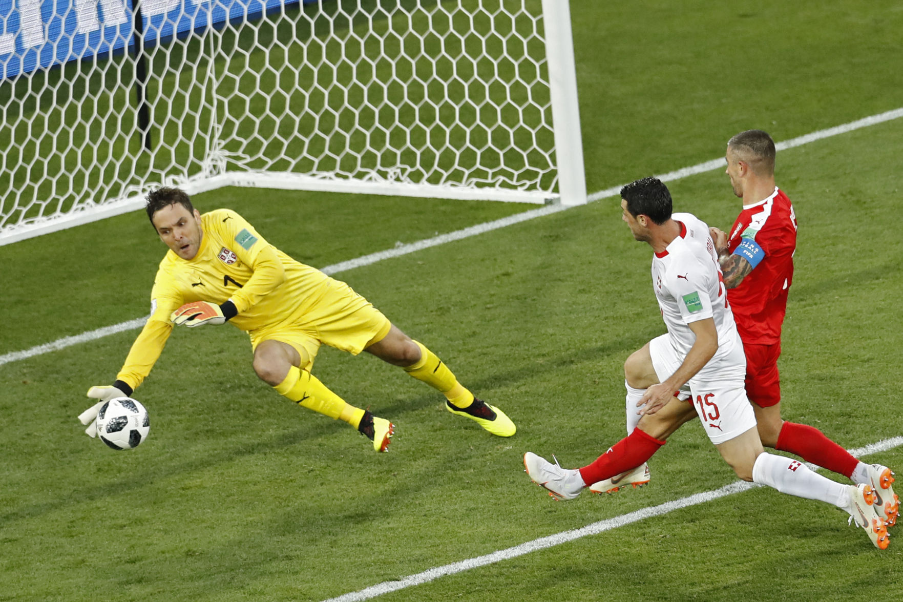 Serbia goalie stops shot